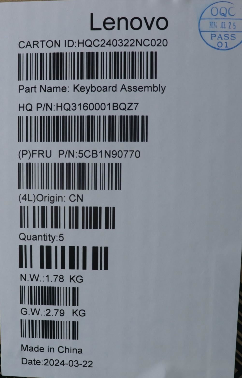 Lenovo Upper Case ASM FRA H 83E3 LG 5CB1N90770
