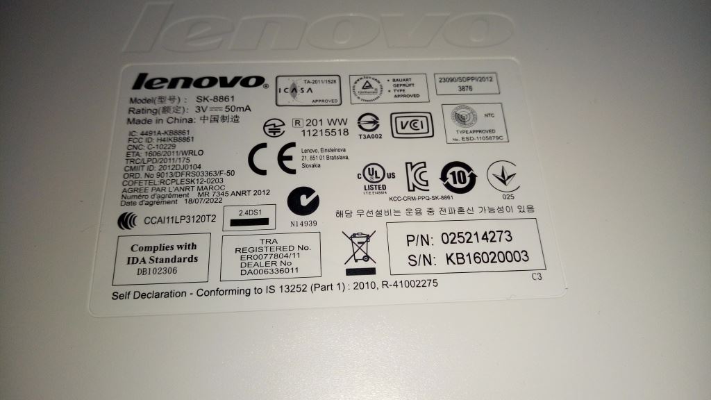 Lenovo Liteon SK-8861(US) 2.4G KB-WHT Android US English Keyboard 25214273