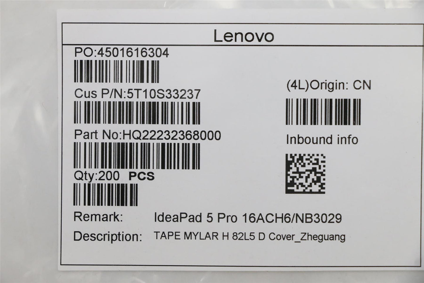 Lenovo 5T10S33237 TAPE MYLAR H 82L5 D Cover_Zheguang