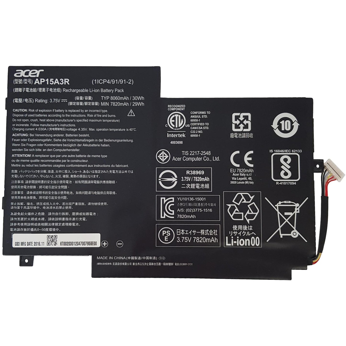Genuine Acer KT.0020G.006 BATTERY.AP15A.1S2P.LGC.2CELL.8180MAH