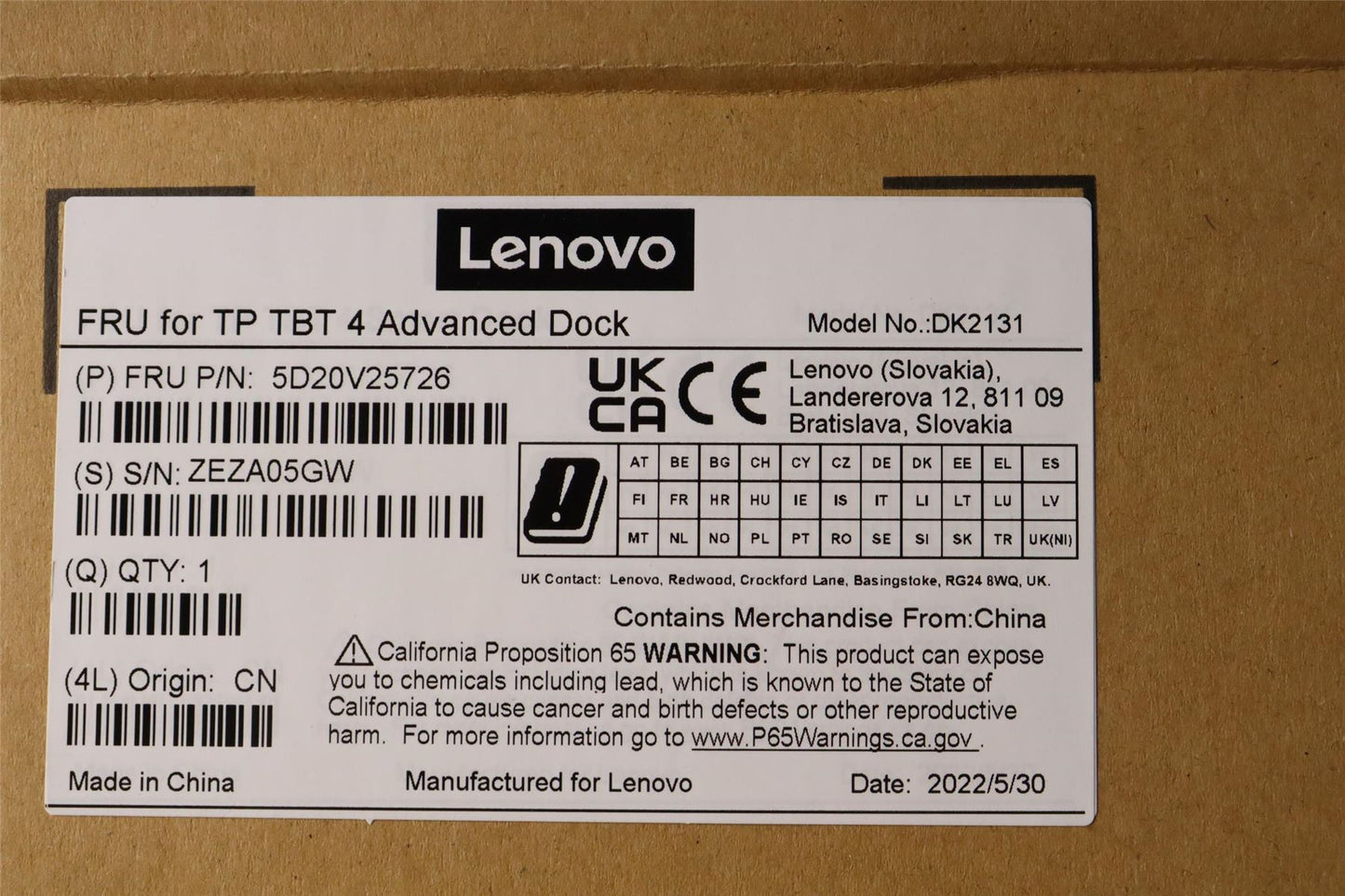 Lenovo FRU for TP TBT 4 Advanced Dock 5D20V25726