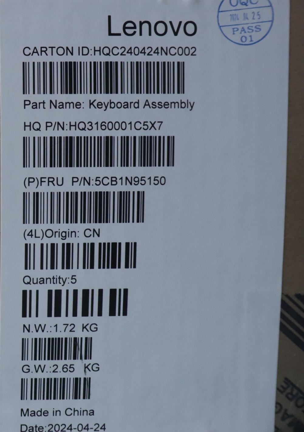 Lenovo UpperCaseASM EURO ENG H83DL FP SG 5CB1N95150