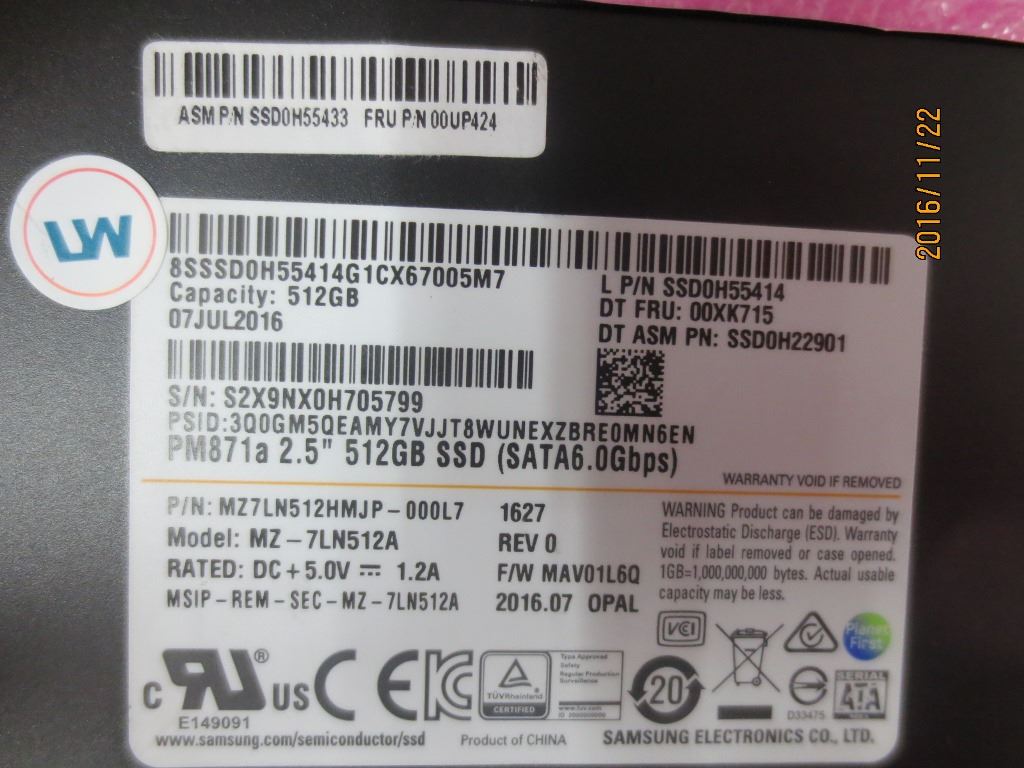 Lenovo ThinkPad L460 T560 P50s T560 Solid State Drive SSD 512GB 2.5" 7mm 00UP807