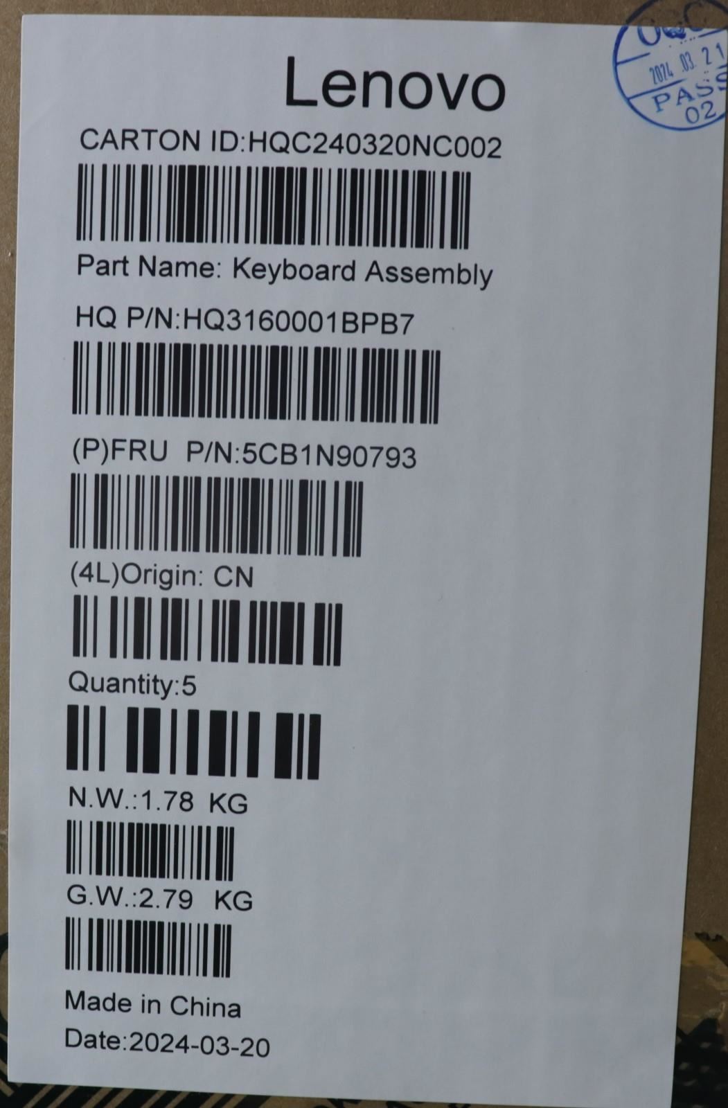 Lenovo UpperCase ASM NORDIC H 83E3 LG PST 5CB1N90793
