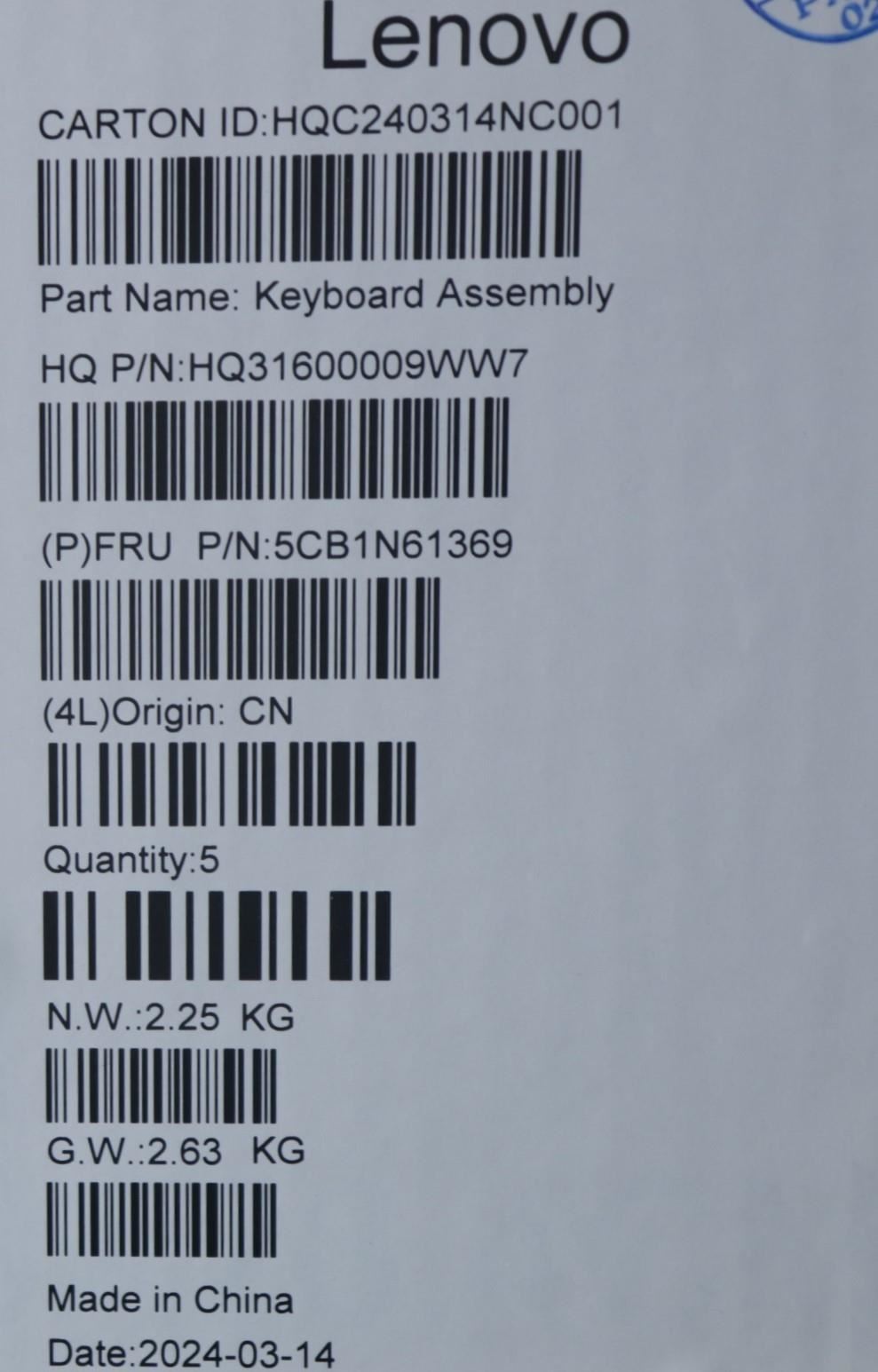 Lenovo Upper Case ASM_GER H83DR CB STO GY 5CB1N61369
