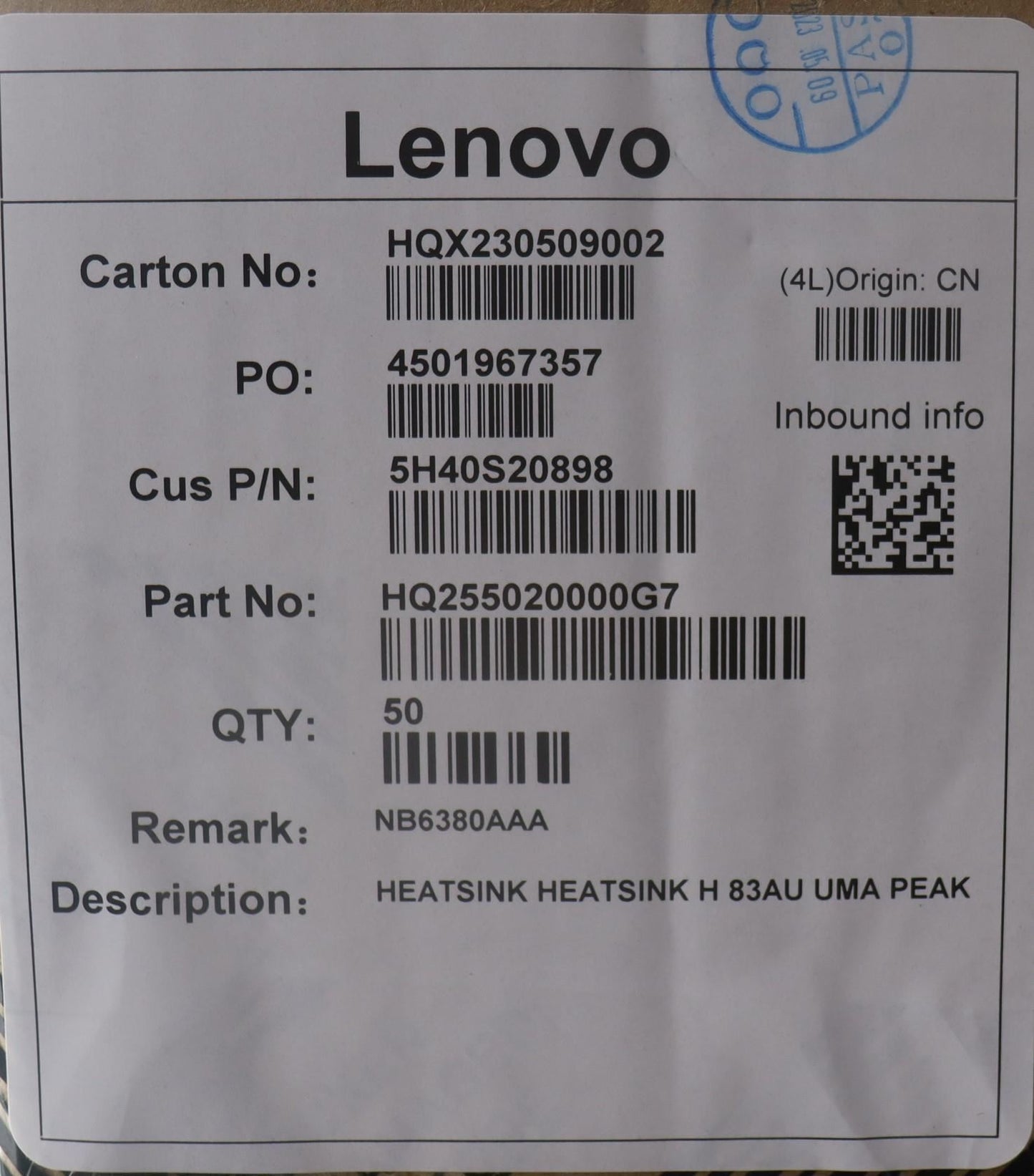 Lenovo HEATSINK HEATSINK H 83AU UMA FCN 5H40S20897