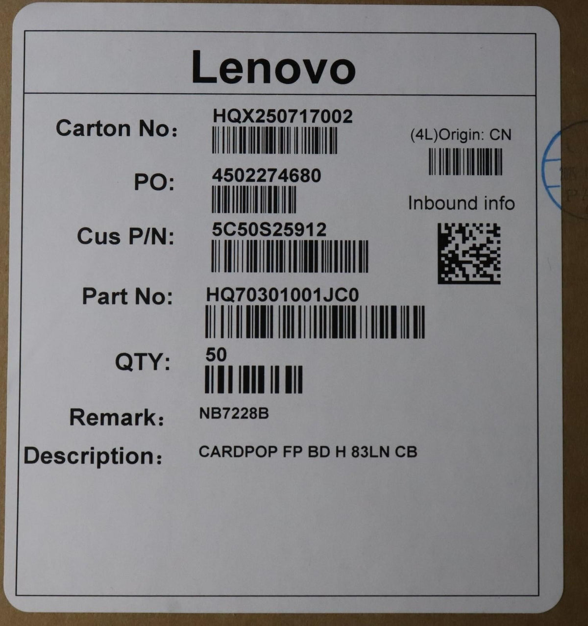 Lenovo CARDPOP FP BD H 83LN CB Board 5C50S25912