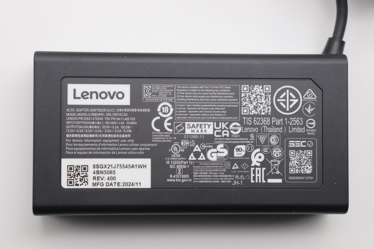 Lenovo AC_ADAPTER PD,100W,20/15/9/5V,3P,WW,ACB 100W USB-C 5V 3 Pin AC Charger Adapter 5A11J62103