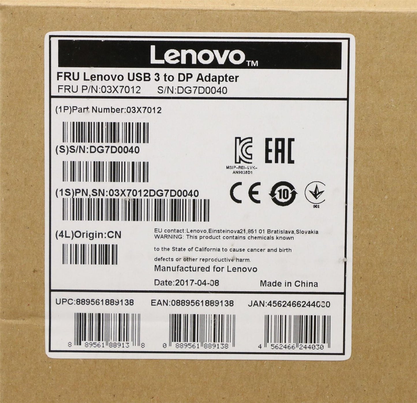 Lenovo Fru Lenovo USB to DP adapter 03X7012