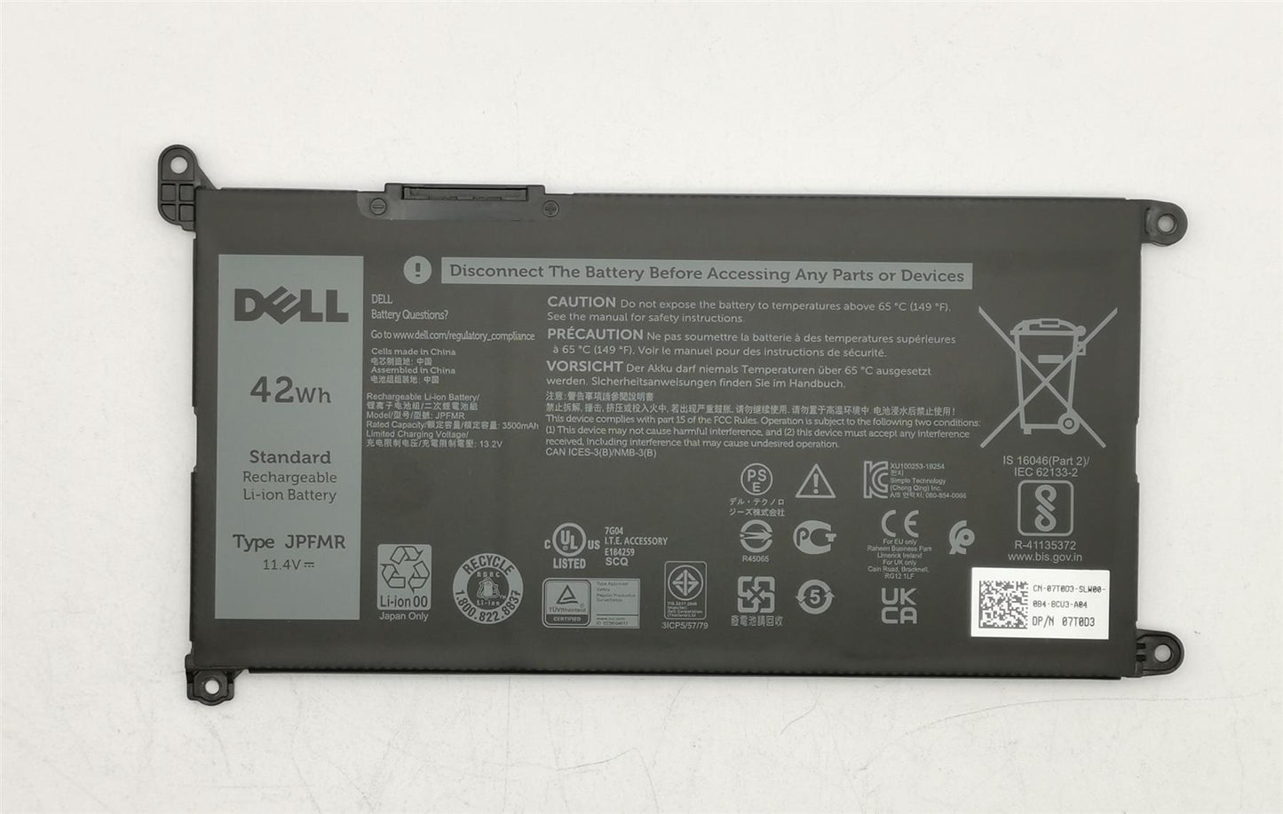 Dell Battery 3 Cell 42WHR Lithium Ion Polymer 07T0D3 7T0D3