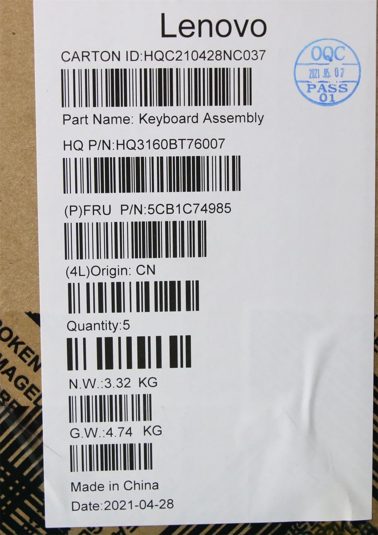 Lenovo Pro 5-16ACH6 5 Pro-16ACH6 Keyboard Palmrest Top Cover Black 5CB1C74985