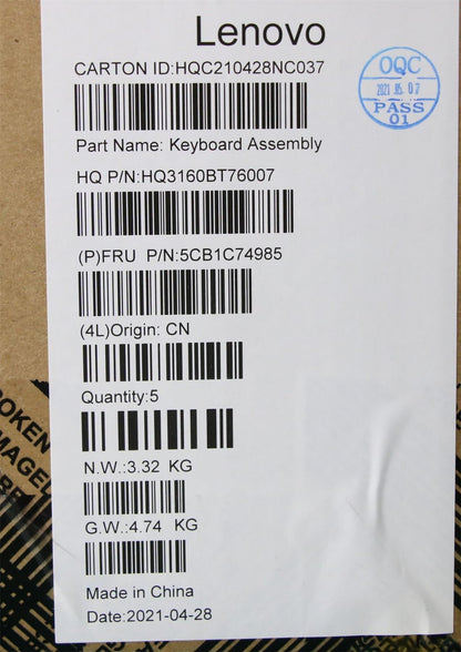 Lenovo Pro 5-16ACH6 5 Pro-16ACH6 Keyboard Palmrest Top Cover Black 5CB1C74985
