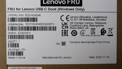 Lenovo FRU for Windows only Dock 5D21K04346