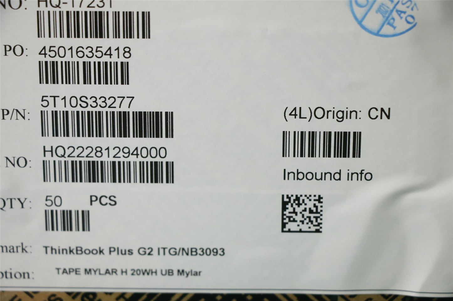 Lenovo TAPE MYLAR H 20WH UB Mylar 5T10S33277