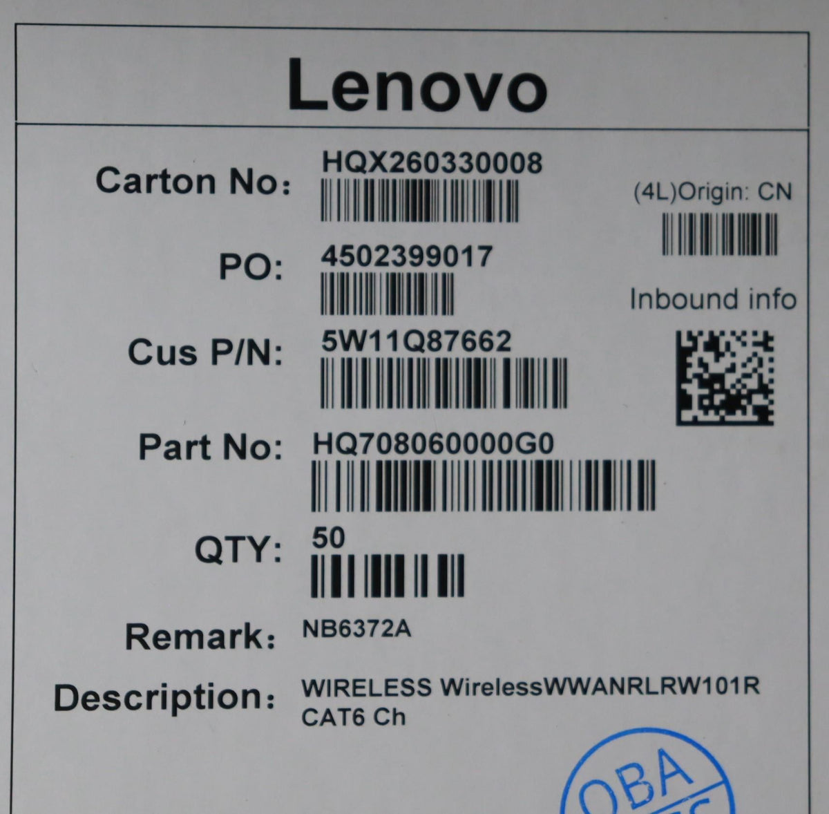 Lenovo WIRELESS Wireless,WWAN,RL,RW101R CAT6 Ch WWAN Board 5W11Q87662