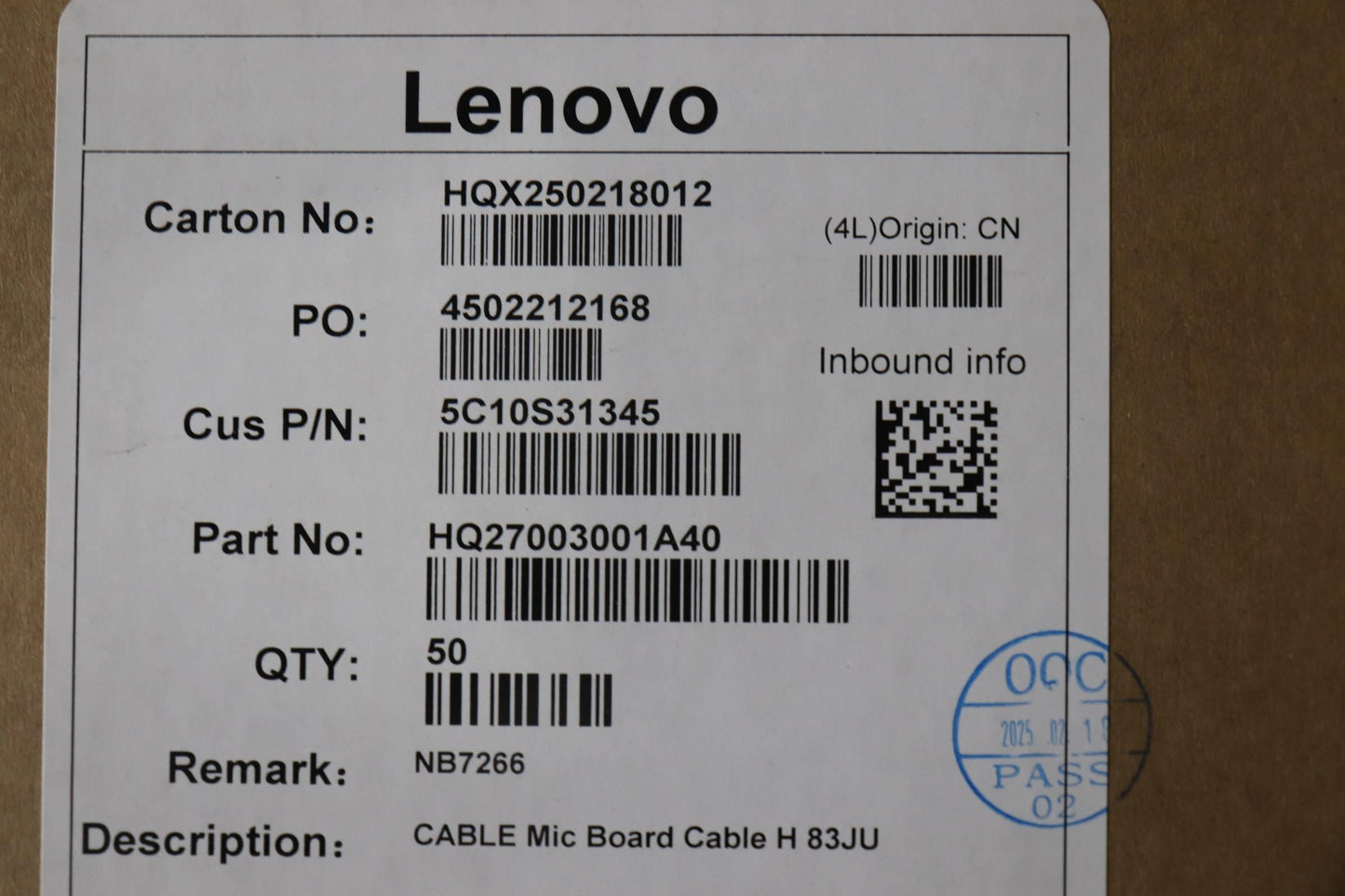 Lenovo Mic Board H 83JU Microphone Cable 5C10S31345
