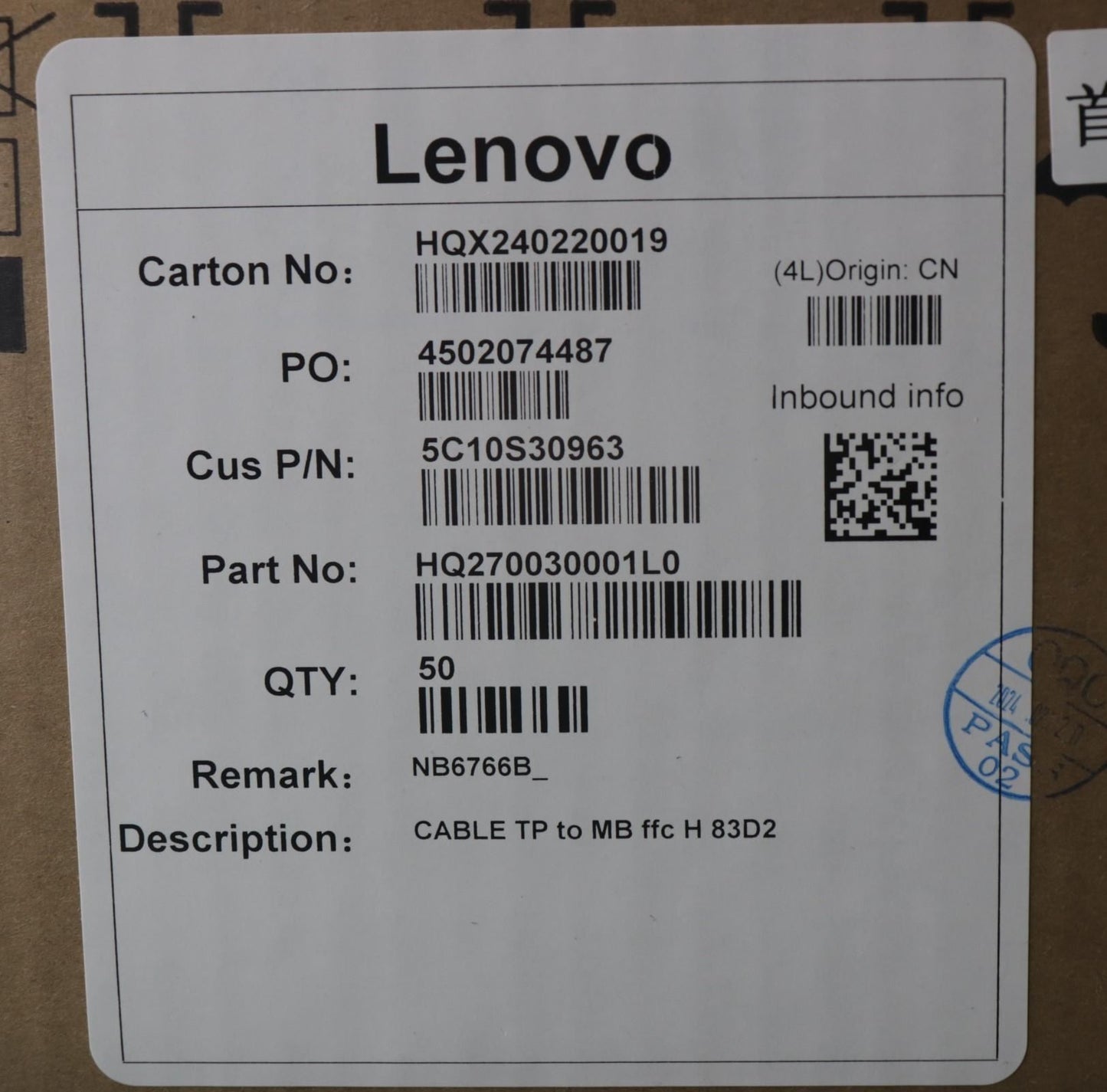 Lenovo TP to MB ffc H 83D2 5C10S30963