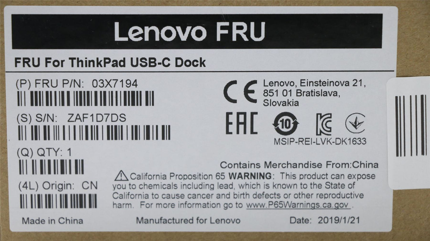 Lenovo Dock USB-C Dock Docking Station Black 03X7194