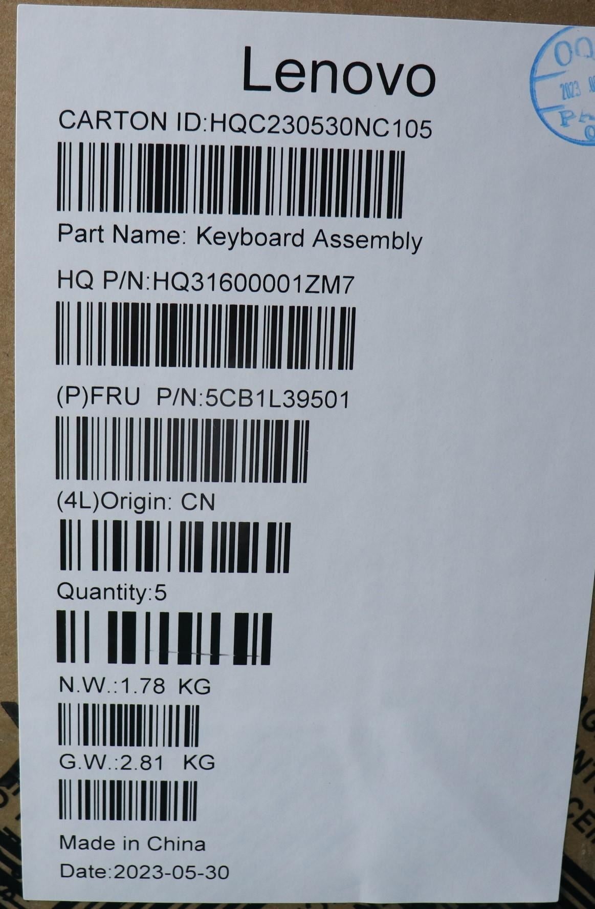 Lenovo Upper Case ASM_BEL H 82Y7 TT PS 5CB1L39501