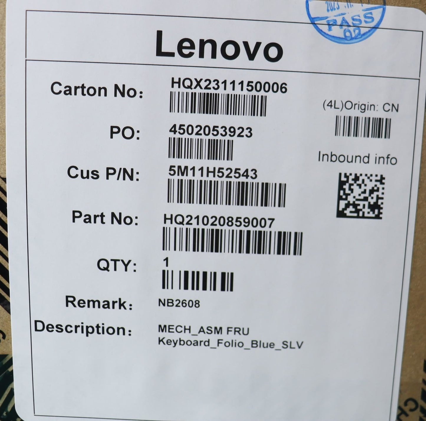 Lenovo MECH_ASM FRU Keyboard_Folio_Blue_SLV 5M11H52543