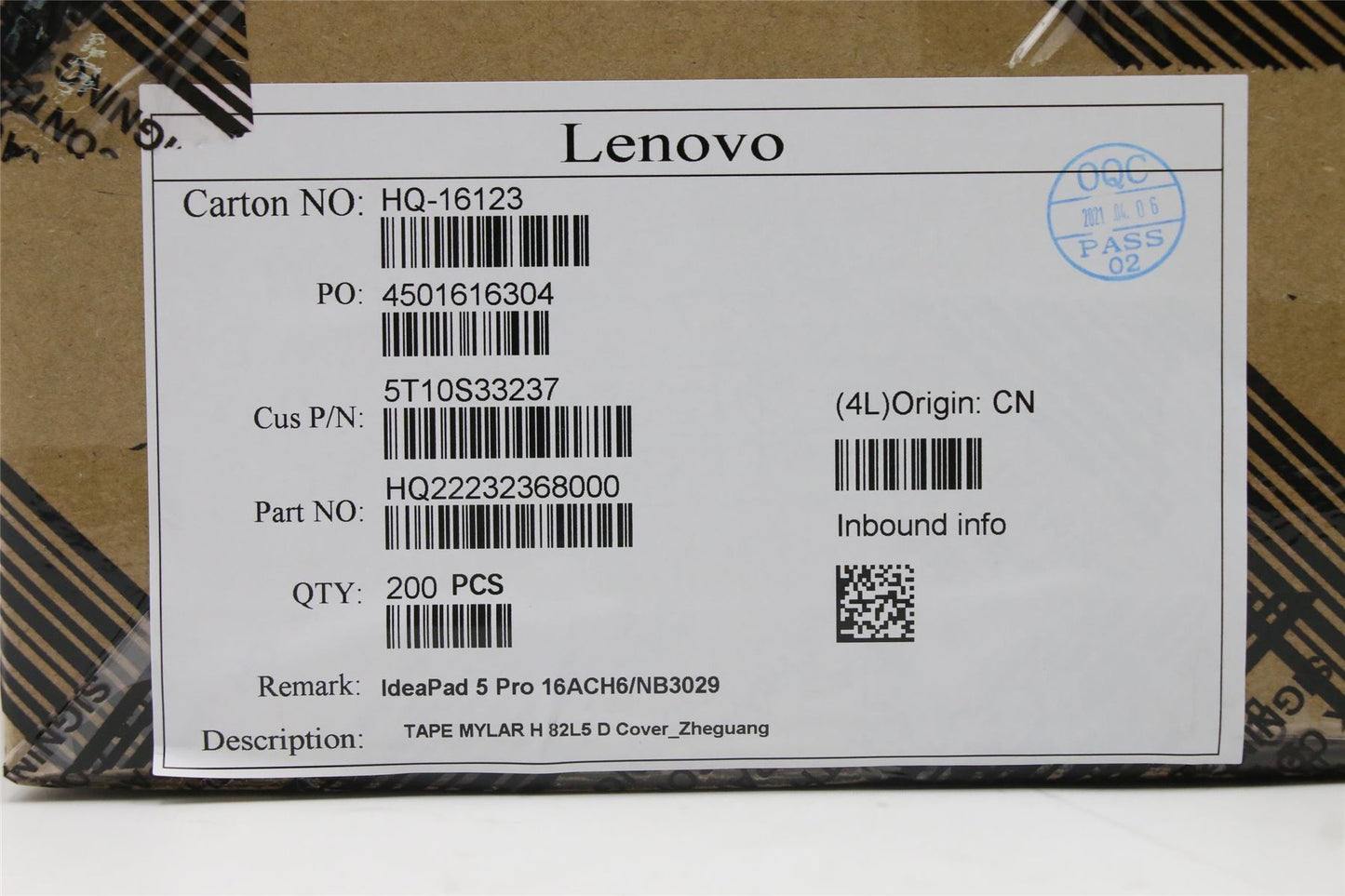 Lenovo 5T10S33237 TAPE MYLAR H 82L5 D Cover_Zheguang