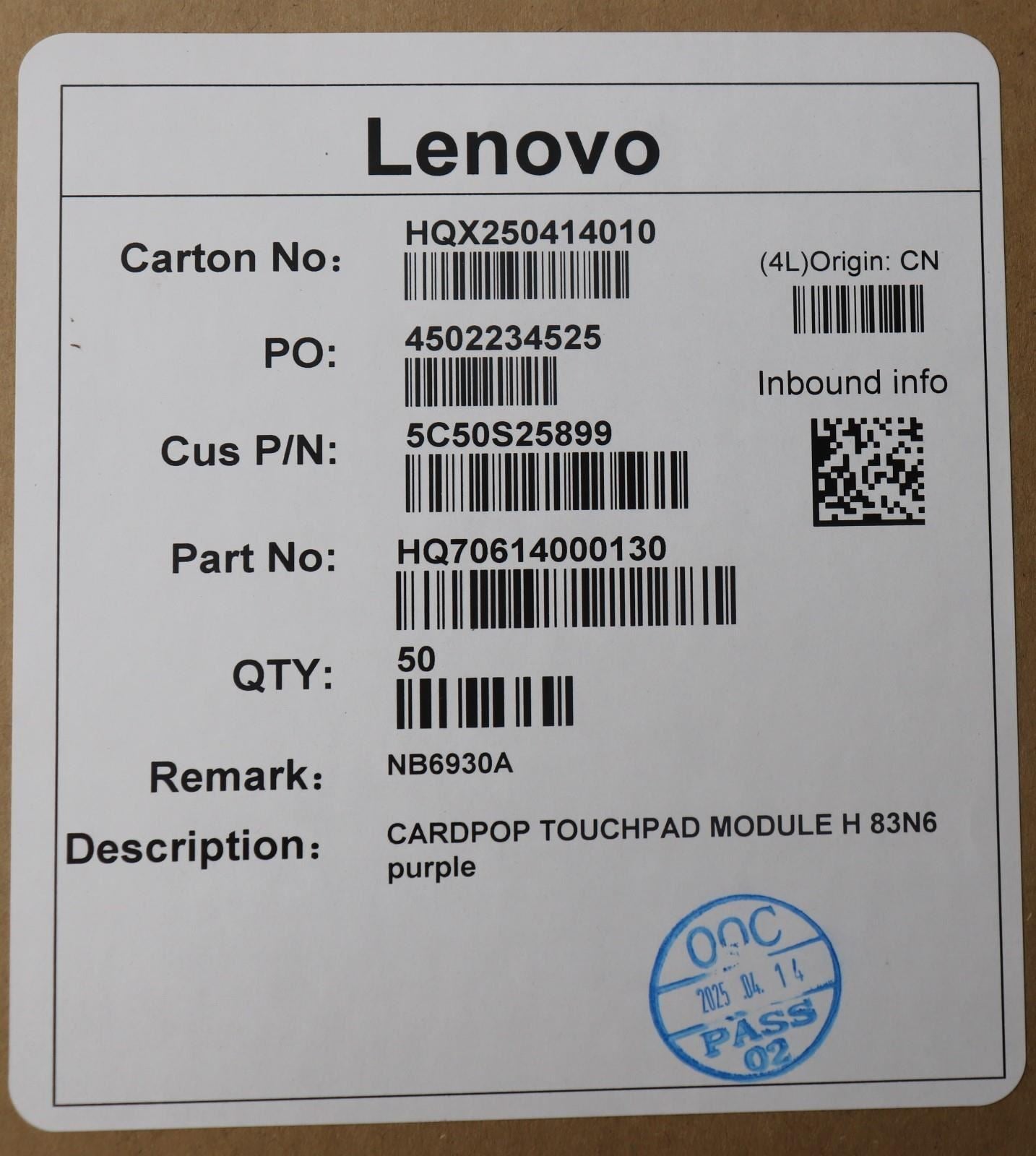 Lenovo CARDPOP MODULE H 83N6 purple Touchpad Board 5C50S25899
