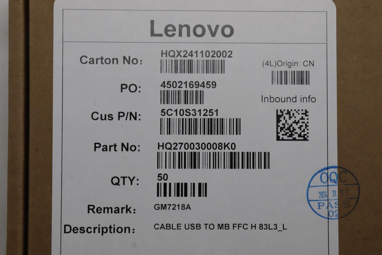 Lenovo TO MB H 83L3_L USB FFC Cable 5C10S31251