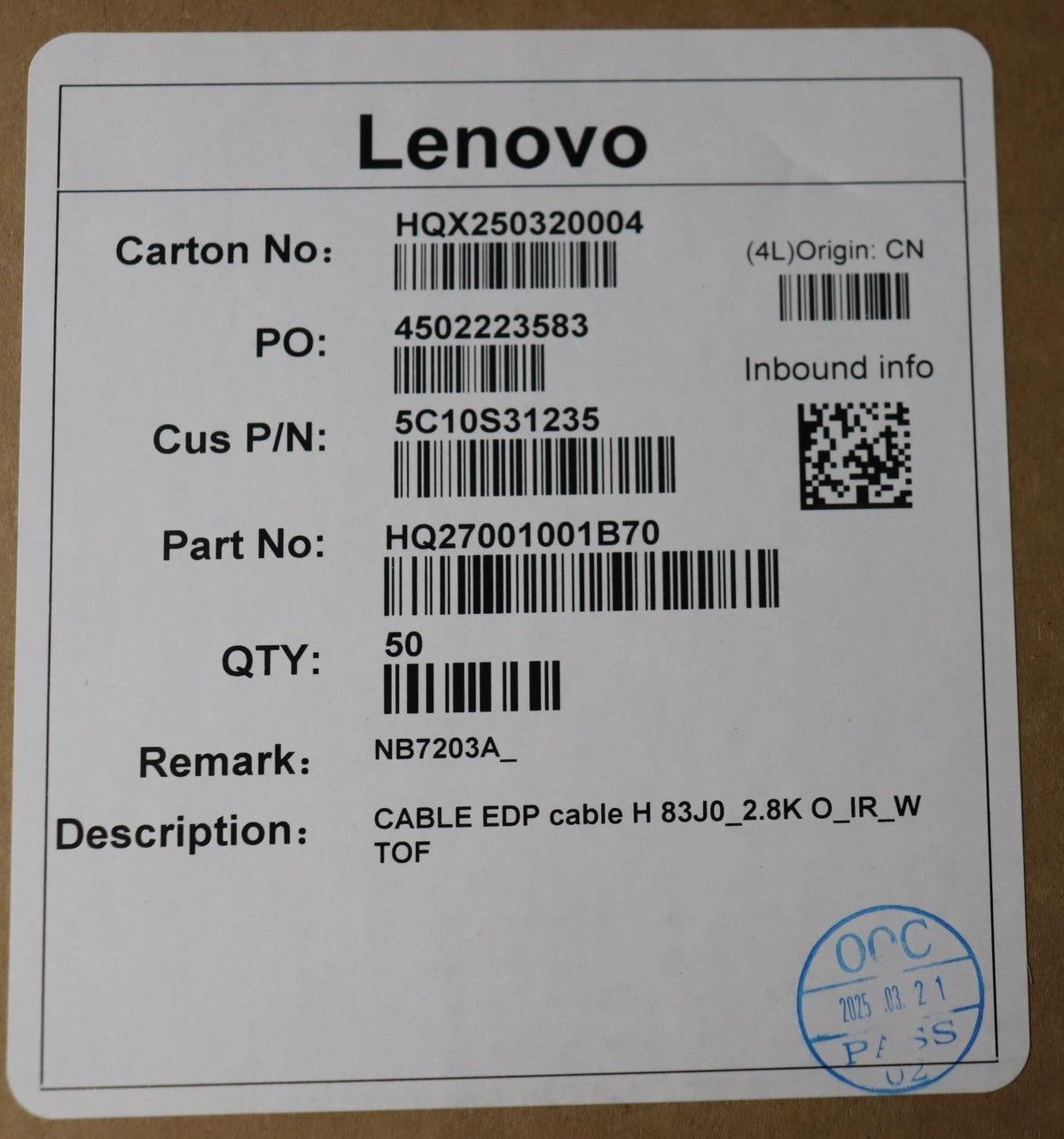 Lenovo H 83J0_2.8K O_IR_W TOF eDP IR Cable 5C10S31235