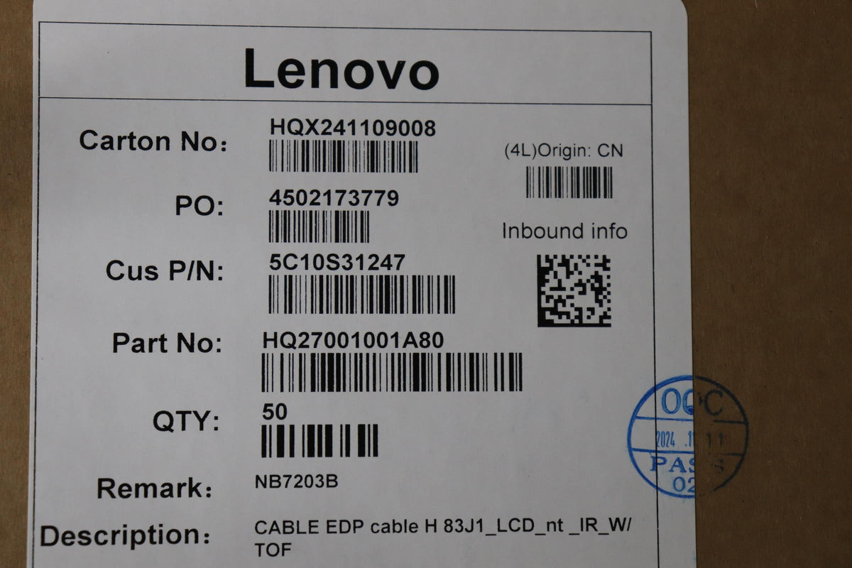 Lenovo H 83J1_LCD_nt _IR_W/ TOF LCD Display eDP IR Cable 5C10S31247