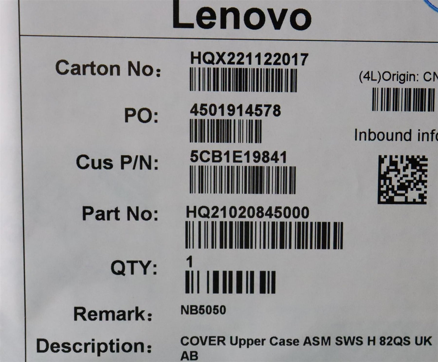 Lenovo Upper Case ASM SWS H 82QS UK AB 5CB1E19841