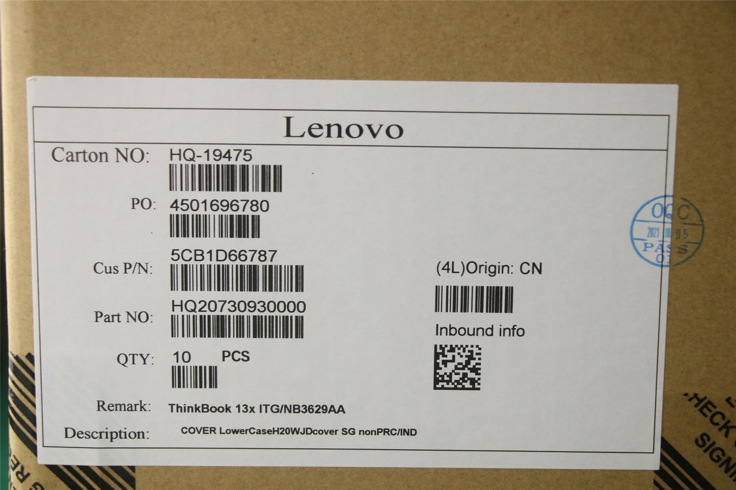 Lenovo LowerCaseH20WJDcover SG nonPRC/IND 5CB1D66787