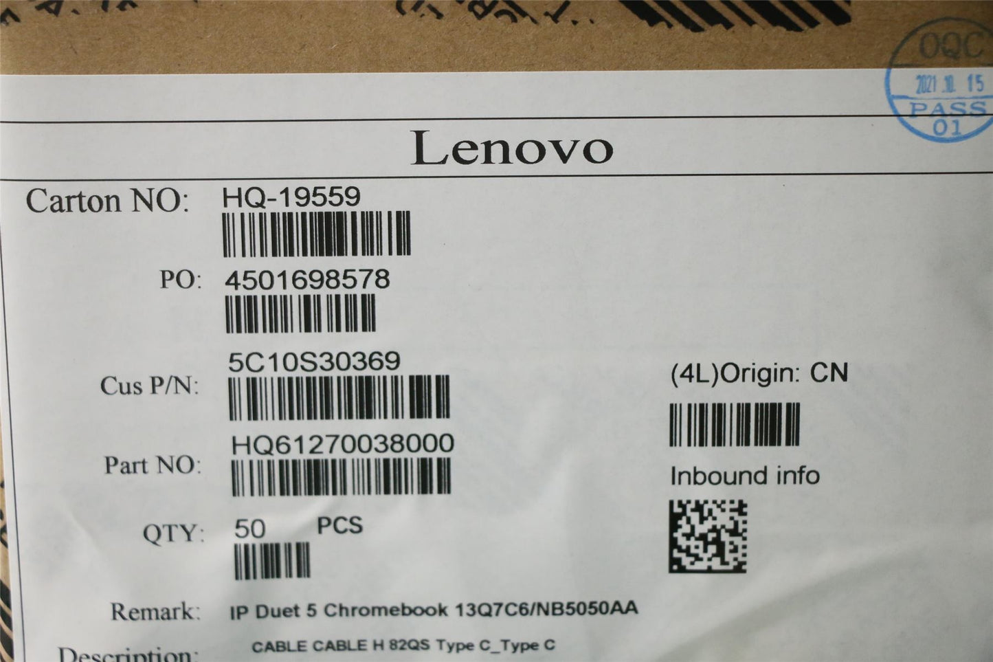 Lenovo 5C10S30369 CABLE H 82QS Type C_Type C