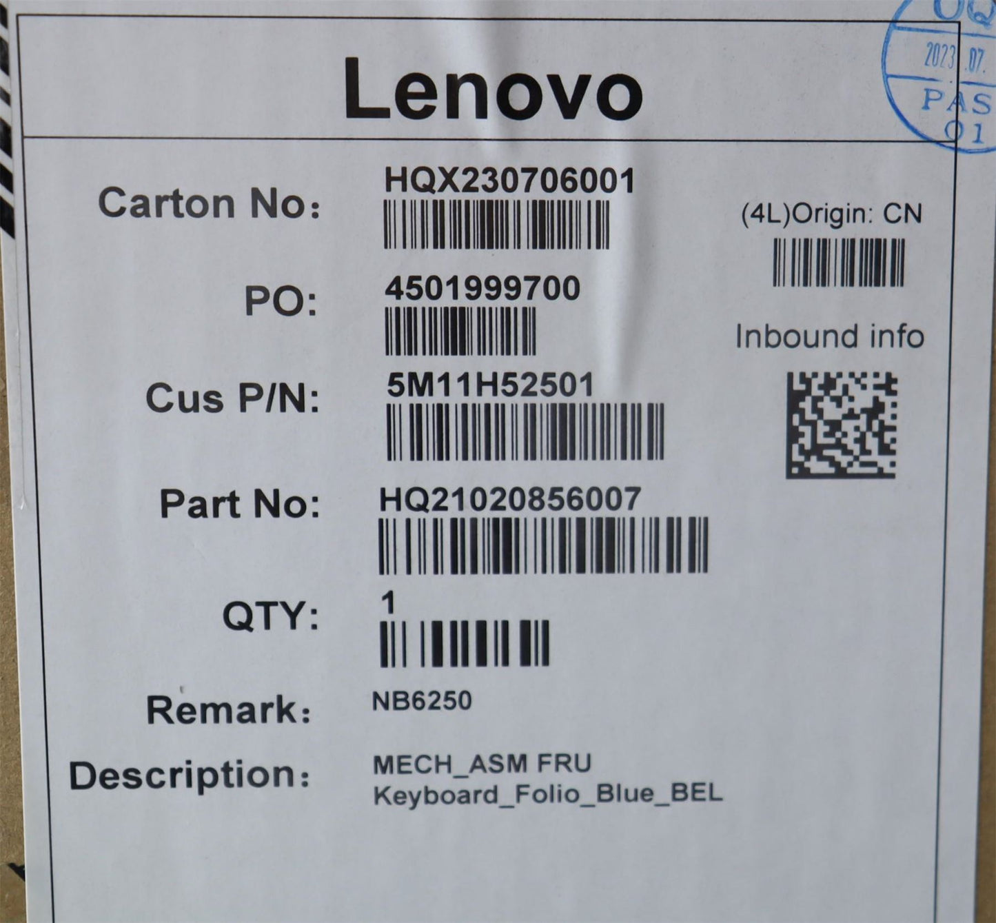 Lenovo MECH_ASM FRU Keyboard_Folio_Blue_BEL 5M11H52501