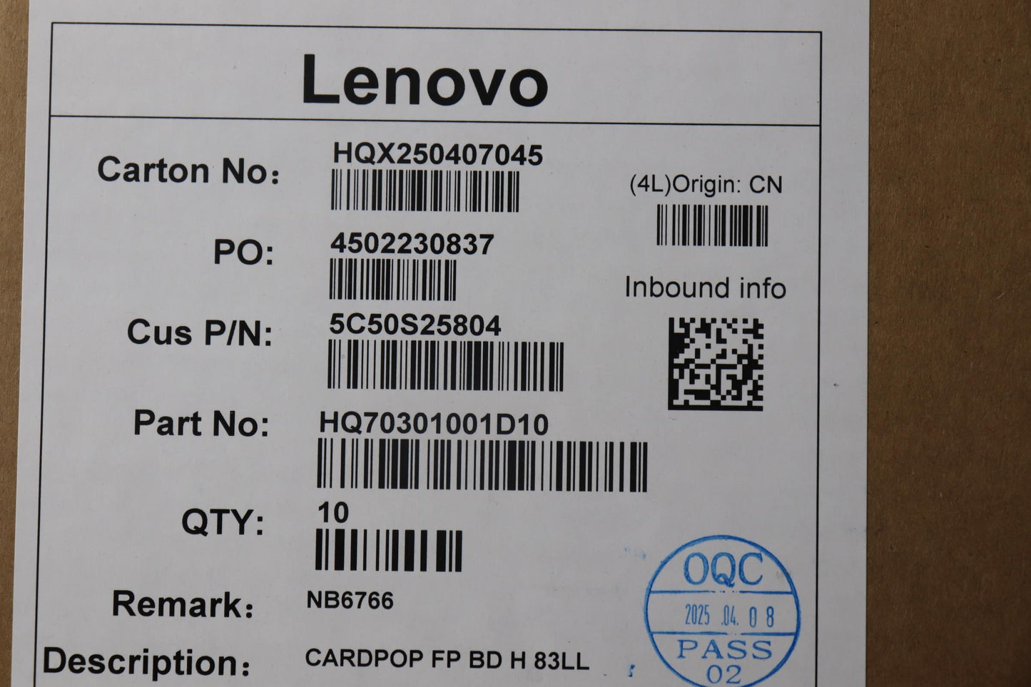 Lenovo CARDPOP FP BD H 83LL Board 5C50S25804
