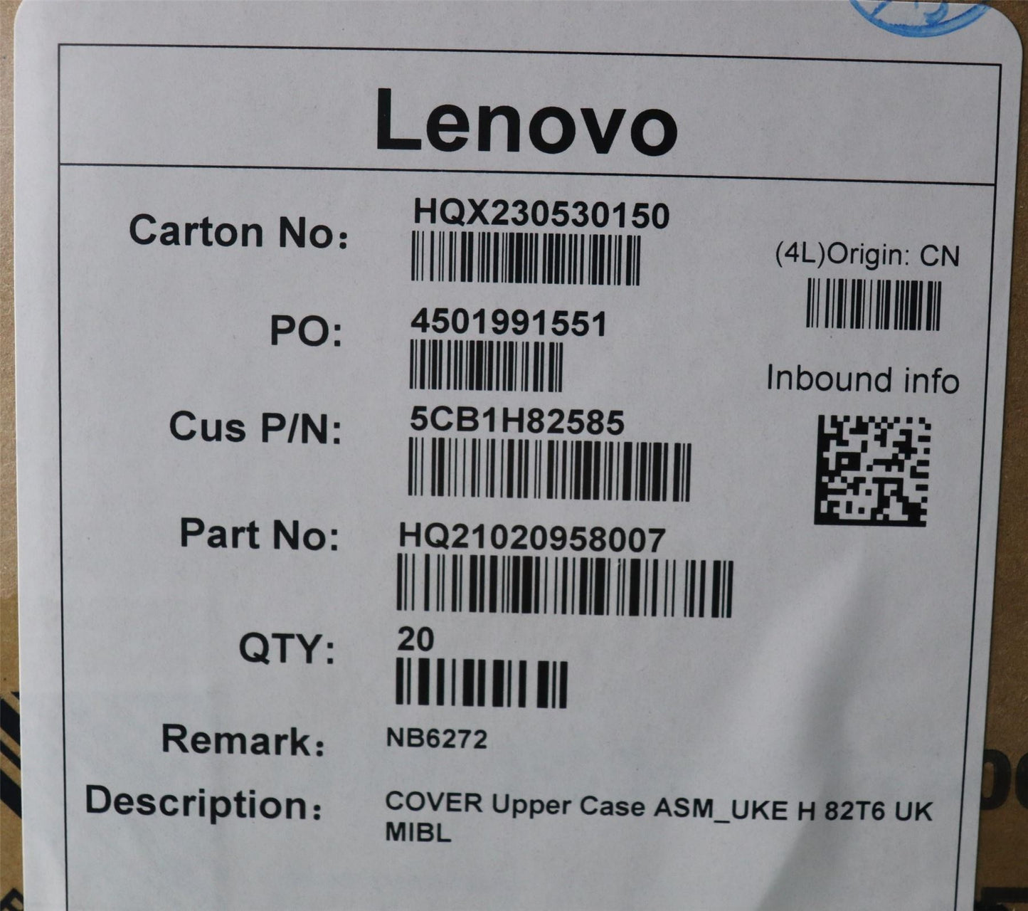 Lenovo Upper Case ASM_UKE H 82T6 UK MIBL 5CB1H82585