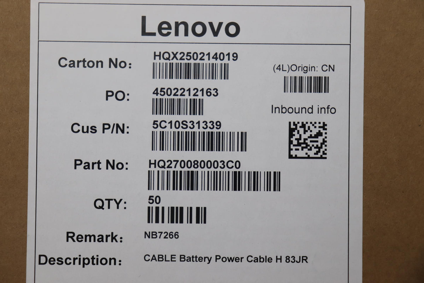 Lenovo Power H 83JR Battery Cable 5C10S31339