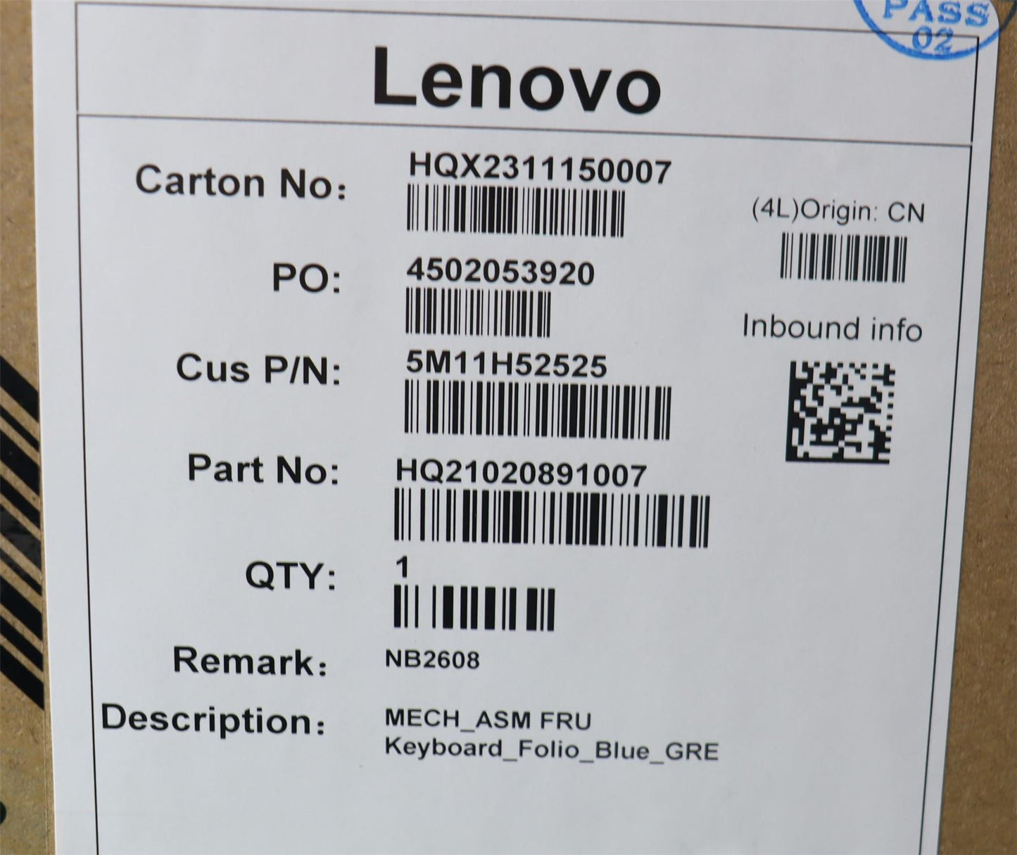 Lenovo MECH_ASM FRU Keyboard_Folio_Blue_GRE 5M11H52525