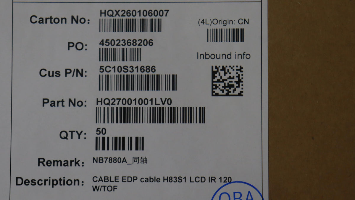Lenovo H83S1 120 W/TOF LCD Display eDP IR Cable 5C10S31686