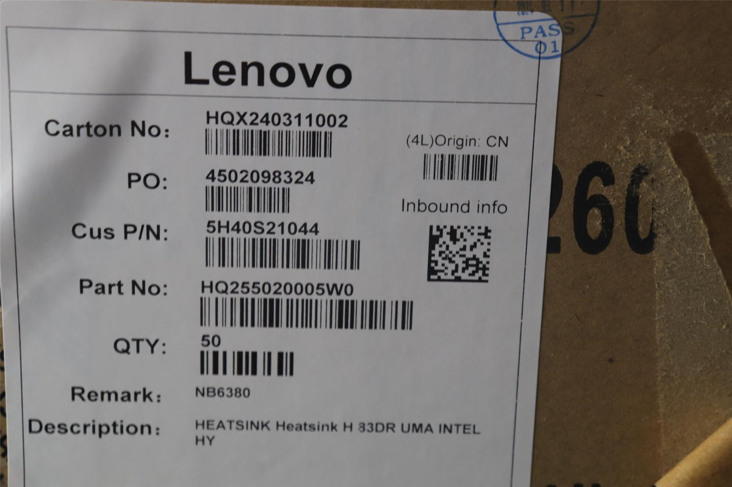 Lenovo HEATSINK Heatsink H 83DR UMA INTEL HY 5H40S21044