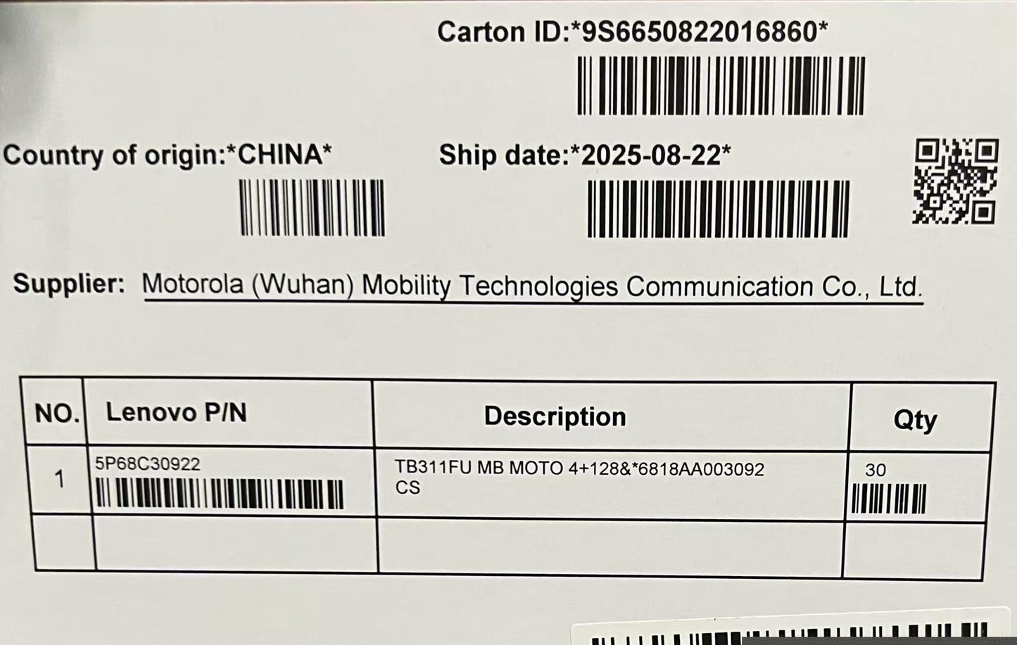Lenovo TB311FU MB MOTO 4+128&*6818AA003092 CS Board 5P68C30922