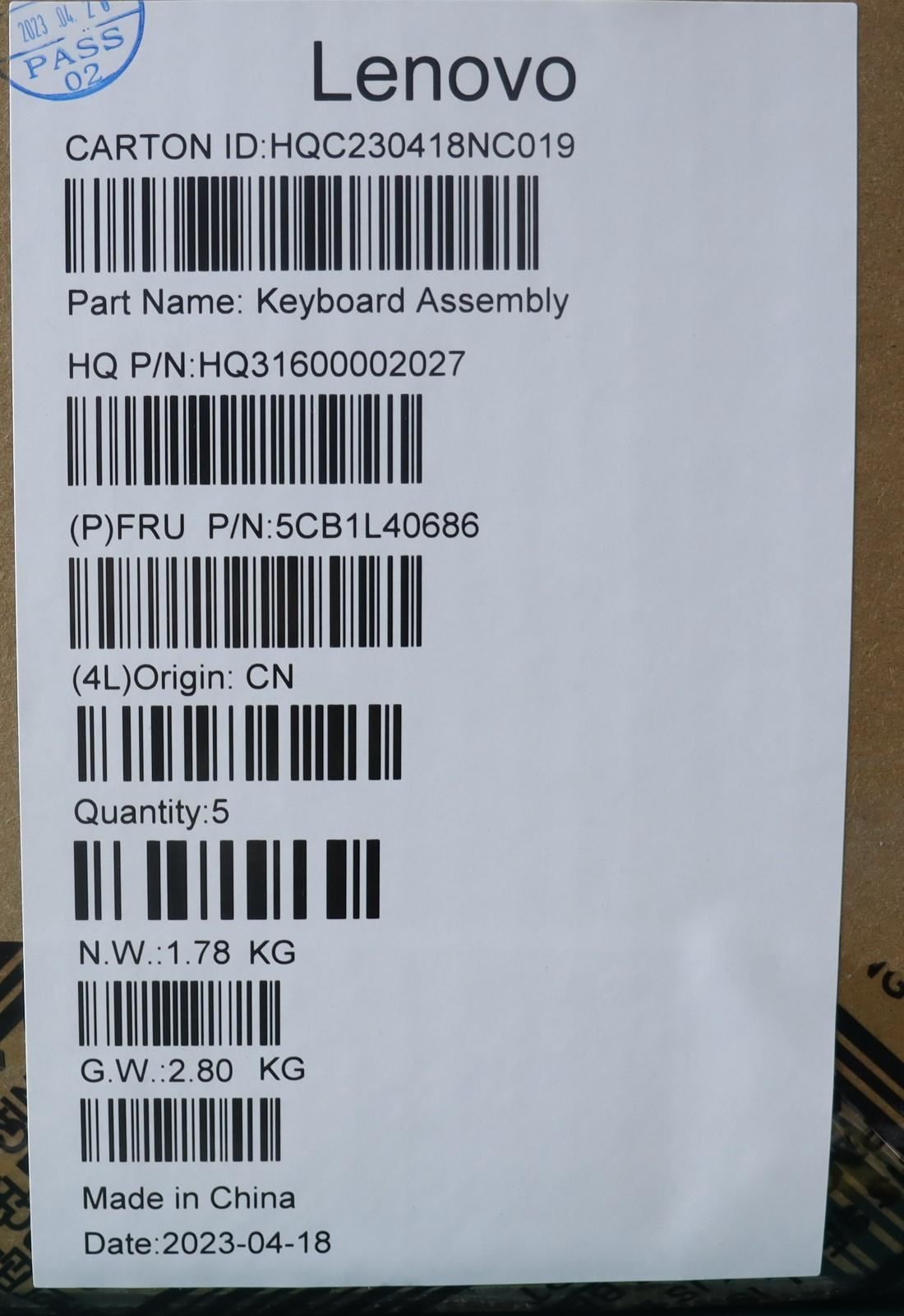 Lenovo Upper Case ASM_ITA H 82Y7 TT PS 5CB1L40686