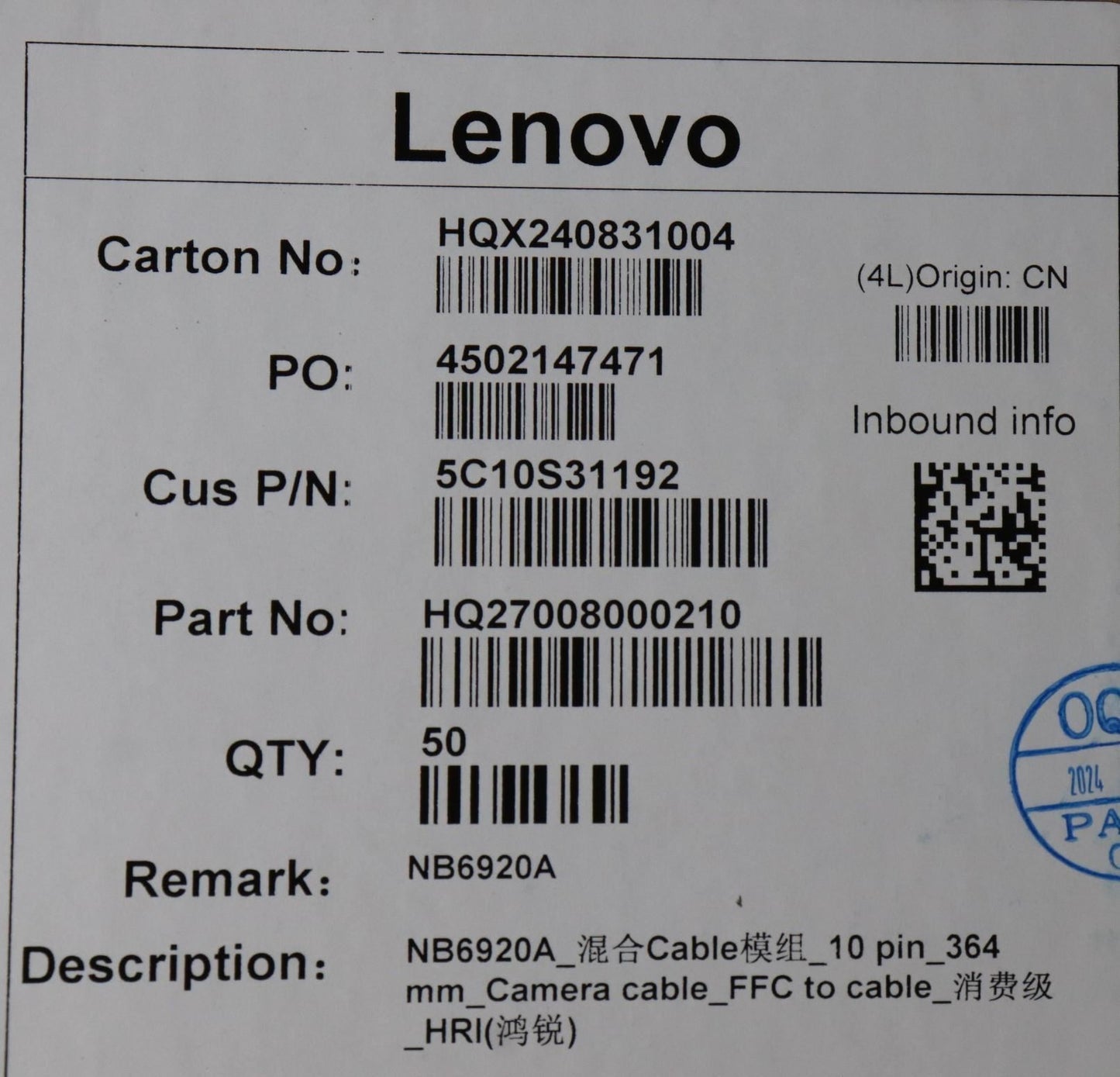 Lenovo H 21NH Camera Cable 5C10S31192