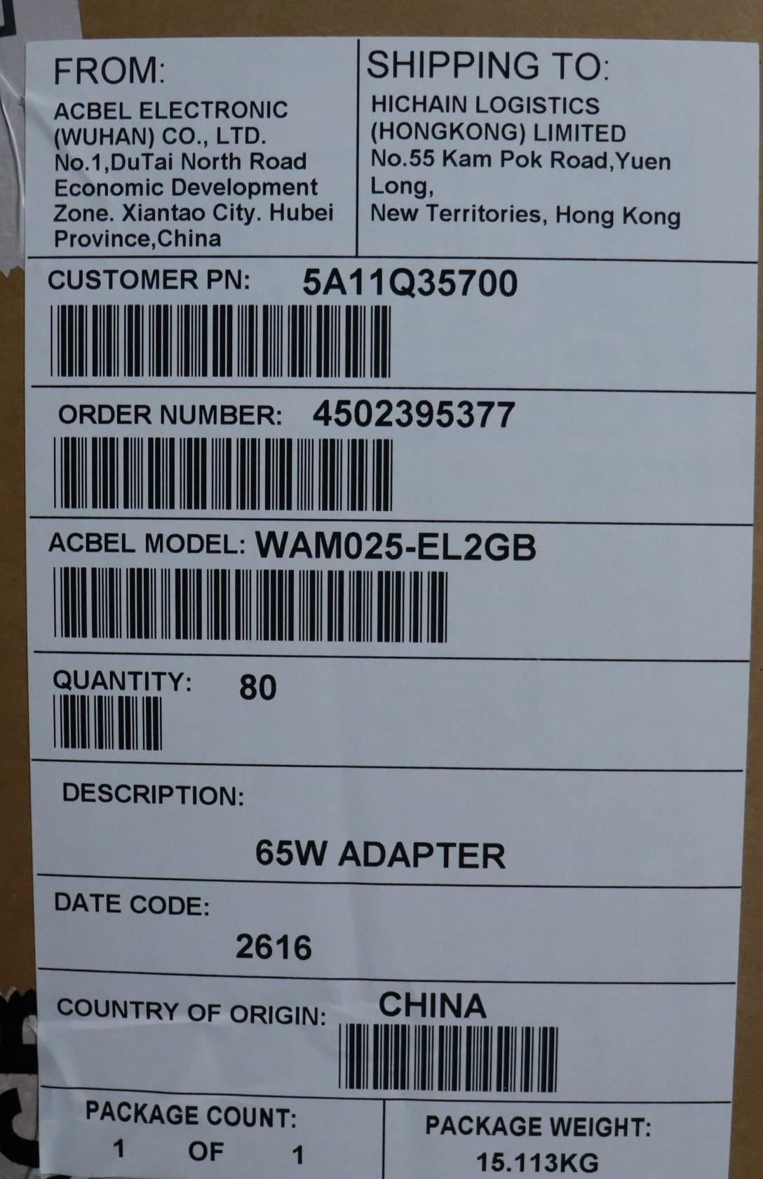 Lenovo AC_ADAPTER PD,65W,20/15/9/5V,2P,BRL,ACB 65W USB-C 5V 2 Pin AC Charger Adapter 5A11Q35700
