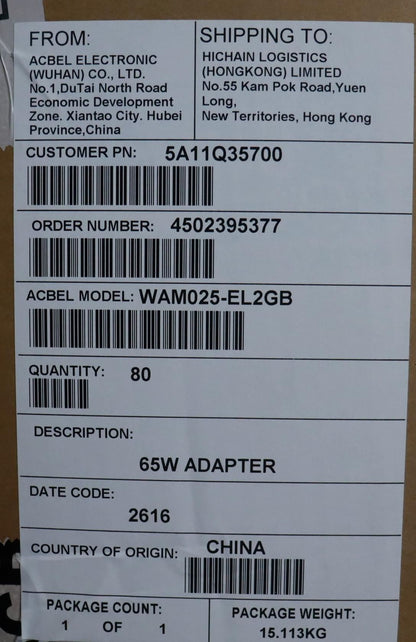 Lenovo AC_ADAPTER PD,65W,20/15/9/5V,2P,BRL,ACB 65W USB-C 5V 2 Pin AC Charger Adapter 5A11Q35700