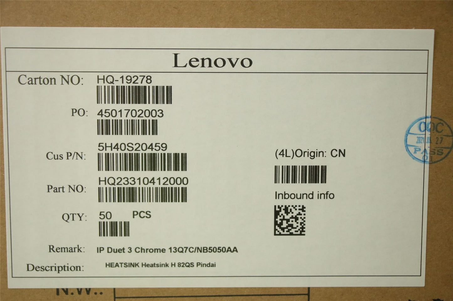 Lenovo HEATSINK Heatsink H 82QS Pindai 5H40S20459