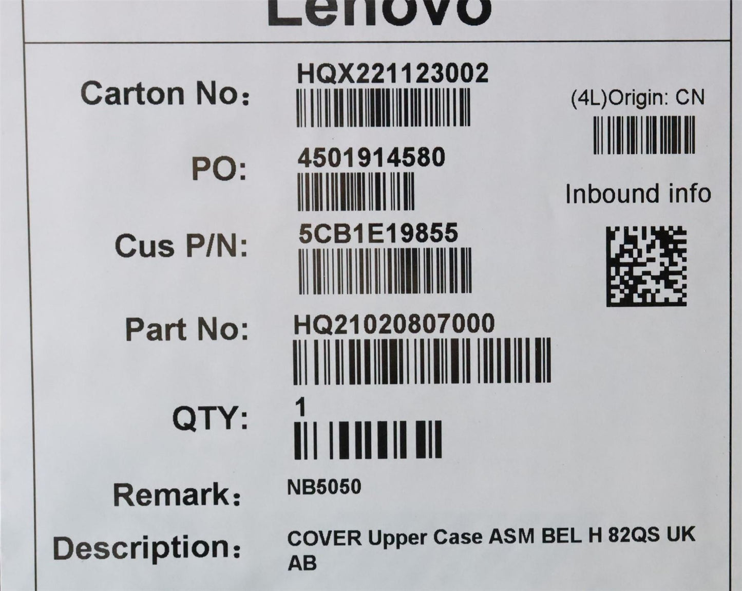 Lenovo Upper Case ASM BEL H 82QS UK AB 5CB1E19855