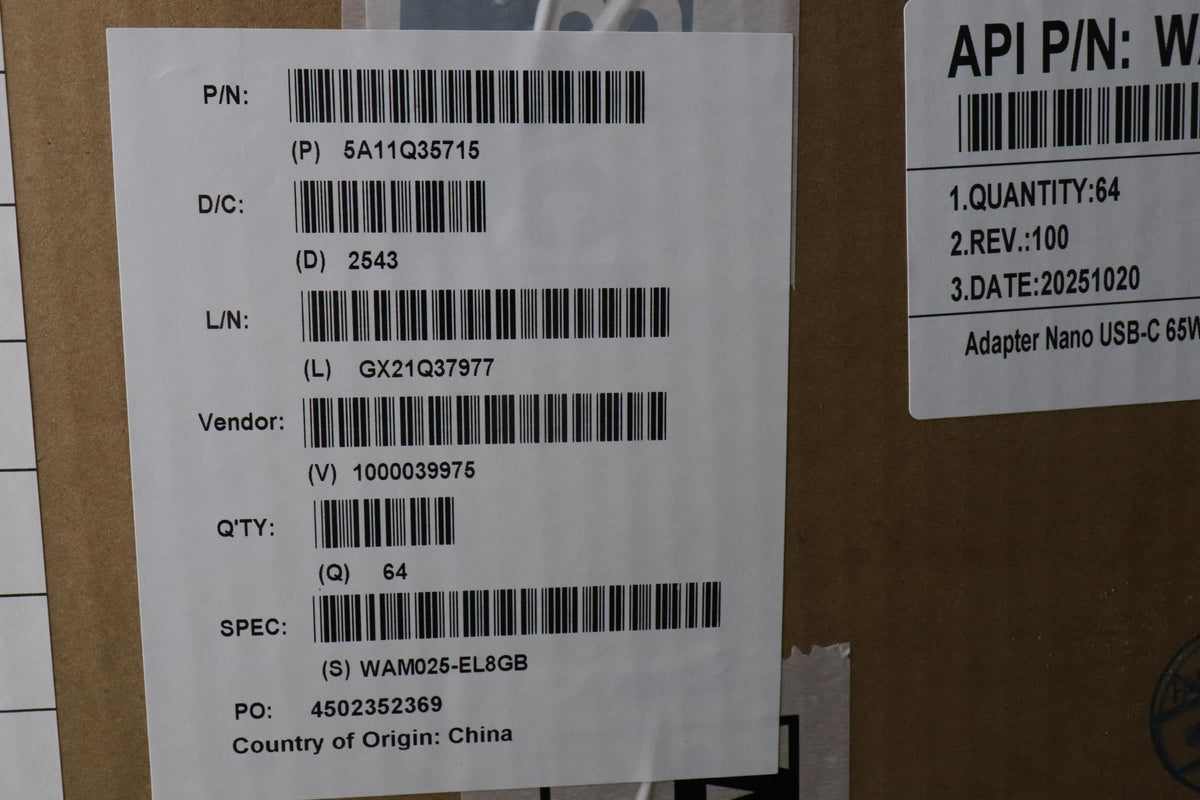Lenovo AC_ADAPTER PD,65W,20/15/9/5V,2P,ARG,ACB 65W USB-C 5V 2 Pin AC Charger Adapter 5A11Q35715