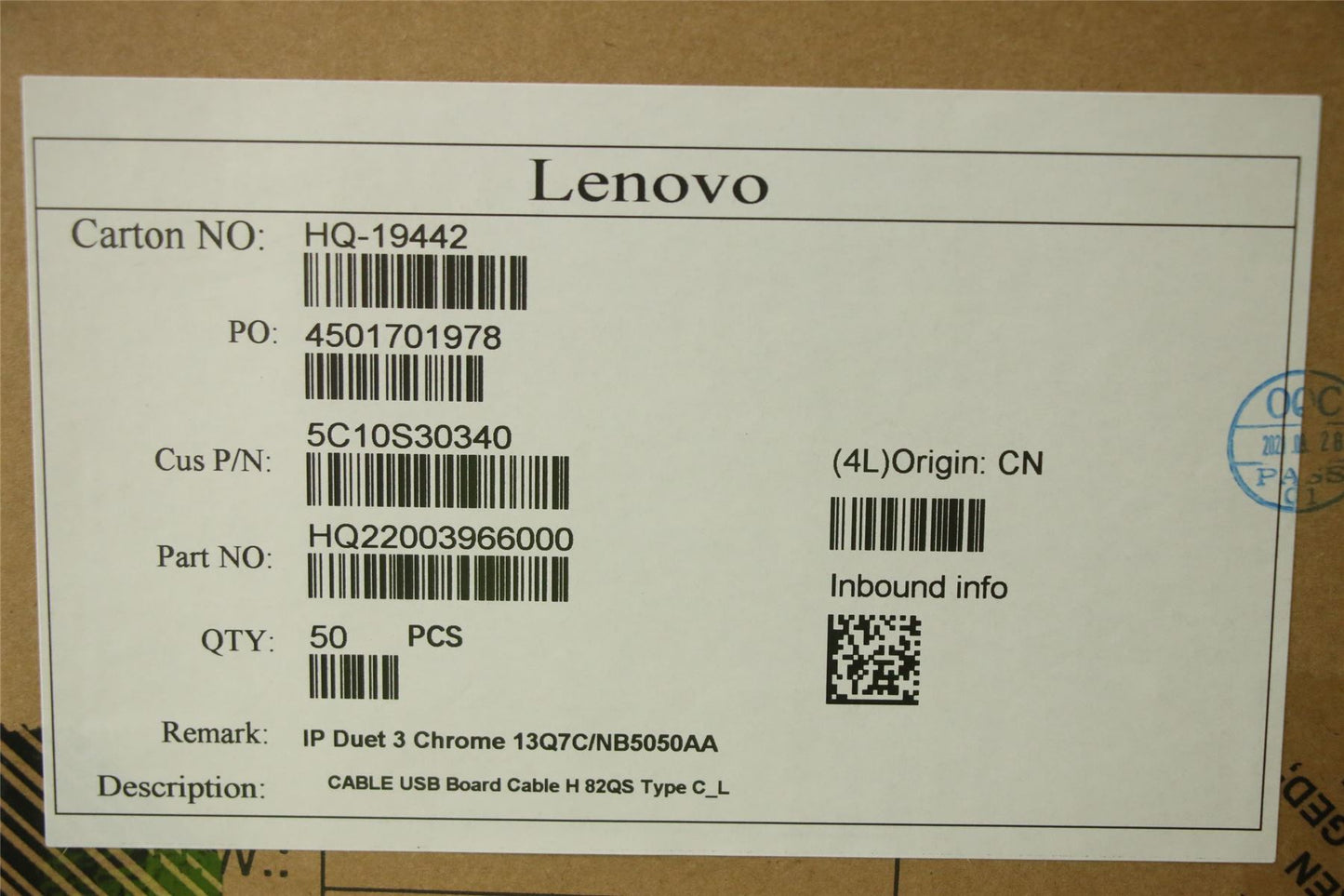 Lenovo USB Board Cable H 82QS Type C_L 5C10S30340