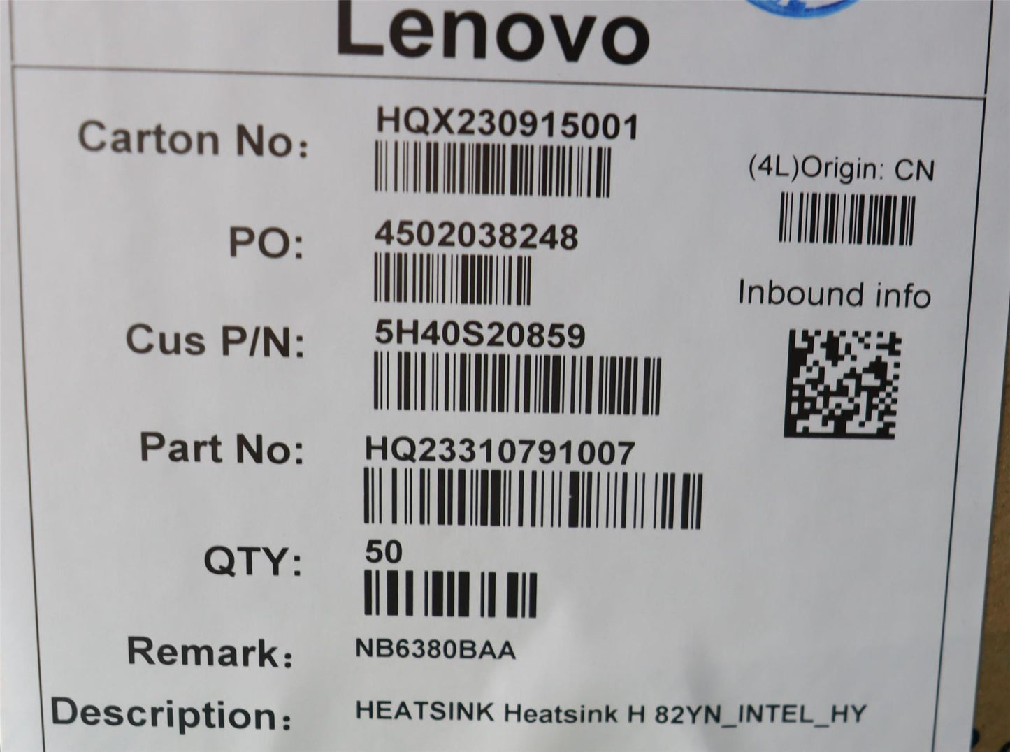 Lenovo HEATSINK Heatsink H 82YN_INTEL_HY 5H40S20859