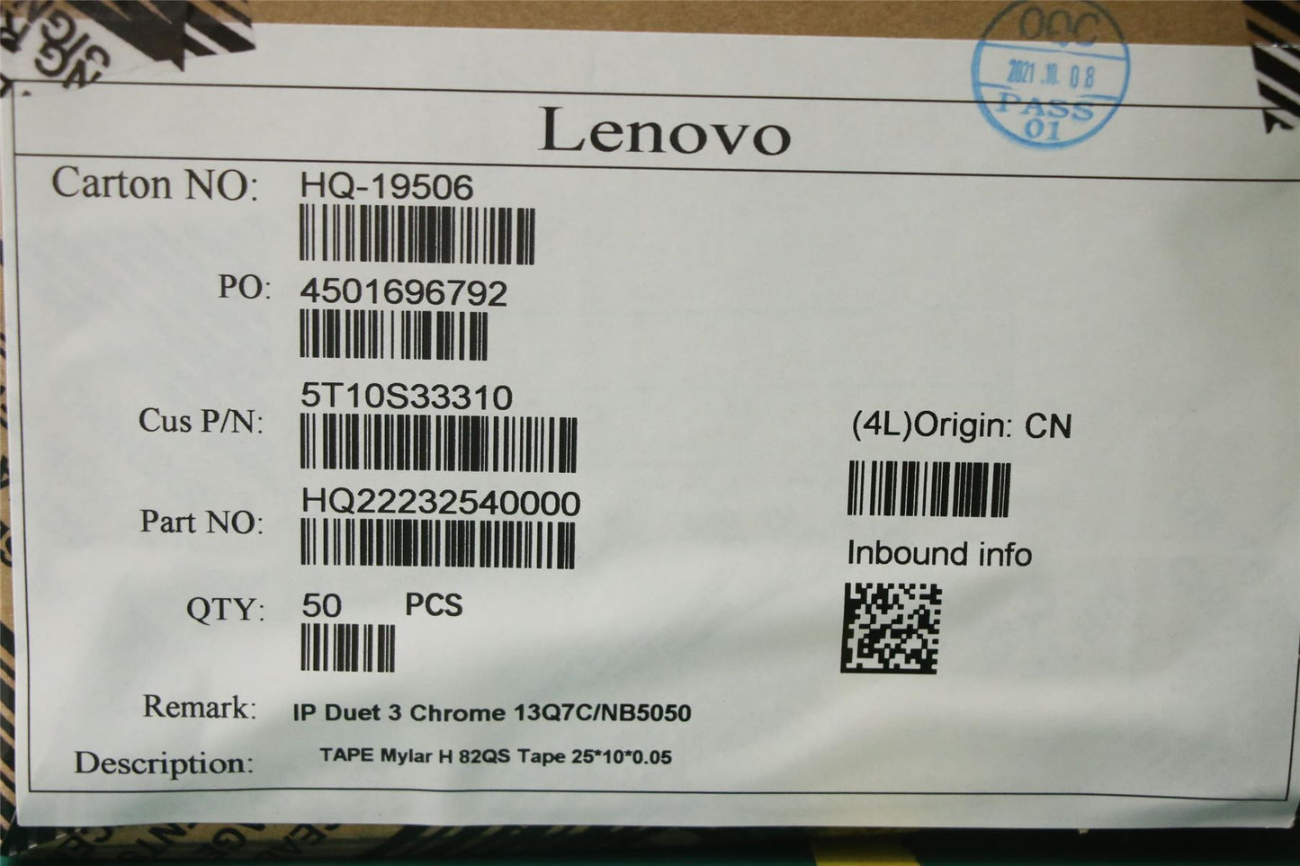 Lenovo TAPE Mylar H 82QS Tape 25*10*0.05 5T10S33310